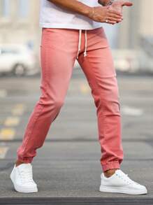 Manfinity Homme Men's Casual Washed Drawstring Waist Tapered Leg Jeans - Pink - View 5