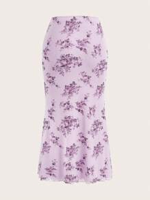 Firerie Women's Romantic Floral Print Mermaid Ruffle Elastic Mesh Skirt,Bohemian Clothes - Lilac Purple - View 7