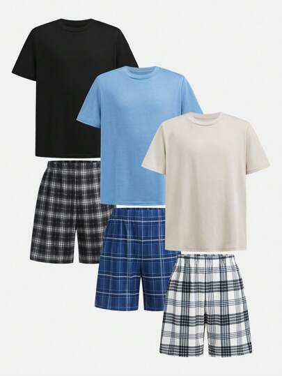 6pcs Tween Boys' Summer Casual Solid Color Round Neck Short Sleeve T-Shirt + Plaid Pattern Loose Shorts Pajamas Set