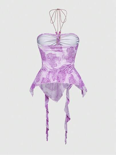 Fairycore Débardeur femme à col ras-du-cou, ourlet asymétrique, imprimé cachemire