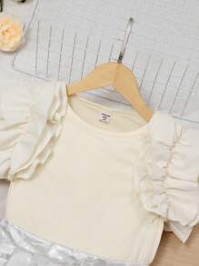Conjunto coordinado con top de manga corta con volantes y falda de jacquard brillante para niñas - Albaricoque - Ver 4