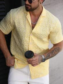 OTTIMOZO Men's Floral Textured Short Sleeve Single-Breasted Fashion Shirt - Yellow - View 4