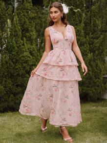 SHEIN Unity Elegant Pink Long Floral Print Halter Neck Ruffle Dress, Romantic For Banquets, Dates, Gatherings, Summer - Pink - View 7