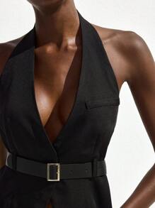 Maija Conjunto de 2 peças composto por Regata sem Manga com Decote em U e Cinto, e Mini Saia com Cintura Elástica Ajustada, Estilo Chique, Sexy e Minimalista para Férias, Festa e Uso no Escritório - Preto - Visão 8