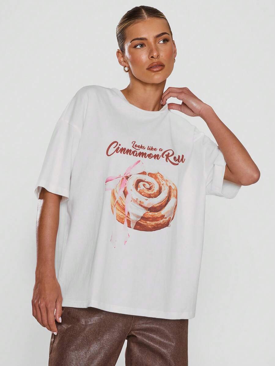 MUSERA Camisetas de mujer Camiseta Cinnamon Aeropuerto Gráficos de vacaciones Camisetas oversize Regreso a la escuela Otoño Verano Primavera - Blanco - Ver 1