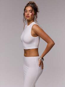 MUSERA Skinny Fitted Cropped Racer Neck Tank Top Spring, Summer, Ibiza, Holiday, Cute, Romantic, Festival, Graduation, Beach Airport - White - View 3