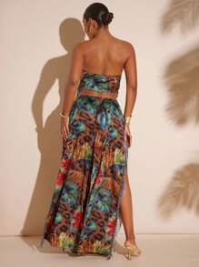 Hauture Women's Brown Leopard Jungle Print Two Pieces Set, Bandana Top & Long Pants With Slit & Beading