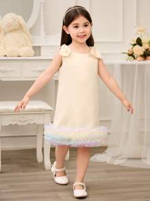 Glamorique Kids Spring/Summer Round Neck A-Line Gradient Ruffle Detail Bowknot Decor Dress - Yellow - View 4