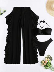 Swim Vcay 夏季海滩单色比基尼套装交叉吊带无钢圈文胸上衣和高腰比基尼下装和网眼罩裤 3 件套比基尼 - 黑色 - 查看 4