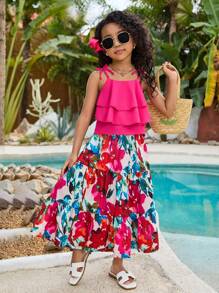 Set de 2 piezas para niñas pequeñas: Top tipo camisola con tirantes de moño + Falda larga de flores para vacaciones en la playa, color rosa