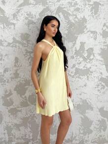 Glamine Women's Yellow Halter Sleeveless Dress, Pleated Soft Mini Dress, Women Short Dresses Summer,Summer Outfits For Women, Summer Dresses For Women,Vacation Outfits Woman,Graduation Dress