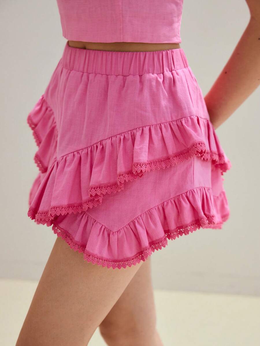 MOTF STUDIO PANTALONES CORTOS CON VOLANTES DE ENCAJE CONTRASTANTE - Rosa - Ver 2