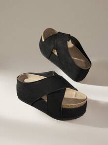 Solecia Women's Fashion Cork Wedge Slip-On Sandals, Casual Daily Wear - Black - View 6
