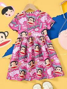 Paul Frank X SHEIN Vestito estivo rosa A-line con stampa di scimmie per ragazza