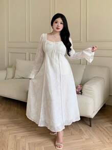 Modelyn Plus Size Elegant Solid Color Jacquard Flare Sleeve Dress - White - View 3