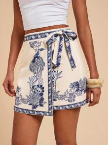 Travachic Women's Floral Print Asymmetric Hem Side Knot Waist Midi Skirt For Vacation,Summer Outfits For Women,Beach Vacation Outfits,Vacation,Beach Outfits For Woman,Bohemian Clothes