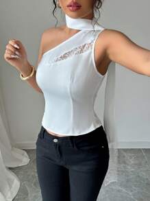 SHEIN Clasi Women's Contrast Lace Elegant Summer Blouse - White - View 6