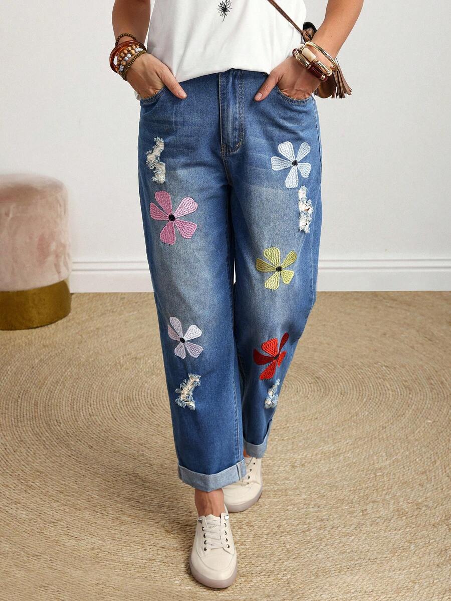 EMERY ROSE Women's Casual Everyday Floral Embroidery Distressed Washed Denim Jeans - Blue - View 1