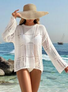 Swim Vcay Summer Beach Hollow Out Drop Shoulder Cover Up Without Bikini