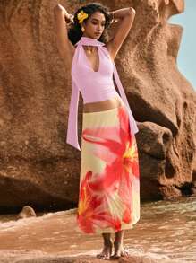 Poéselle Women's Solid Color Y2K Deep V Crop Halter Tank Top - Pink - View 6