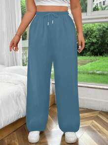 SHEIN MOOSTA 大码女式纯色宽松休闲抽绳腰阔腿裤 - 淺藍色 - 查看 4