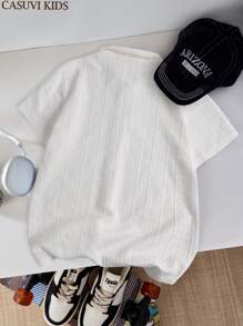 SHEIN Stylish Texture Print Pattern Turndown Collar Short Sleeve Boys' White Casual Shirt, Suitable For Spring/Summer Homewear, Outing, Travel, Versatile - White - View 2