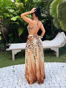 SHEIN SXY 夏季波西米亚豹纹深 V 领高开衩飘逸连衣裙，性感露背度假连衣裙，适合海岛、海滩、度假装 - 彩色 - 查看 6