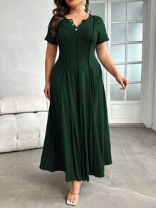 Mulvari Plus Button Neckline Press Crease Detail Short Sleeve Dress, Maxi Dress For Beach, Party, Summer, Casual, Vacation And Dating