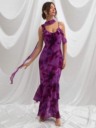 L'Amorae 度假村优雅花卉印花雪纺荷叶边美人鱼连衣裙