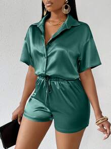 Breezaya Ladies' Solid Color Front Button Short Sleeve Top And Pocketed Shorts Set, Perfect For Festivals, Beach Vacations, Summer