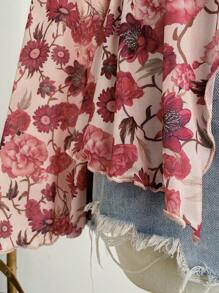 Soleia 大码女式复古花卉针织网眼衬衫，V 领长喇叭袖系带前宽松上衣，适合秋冬季外套女装女式夏季衬衫女式夏季服装 - 彩色 - 查看 3