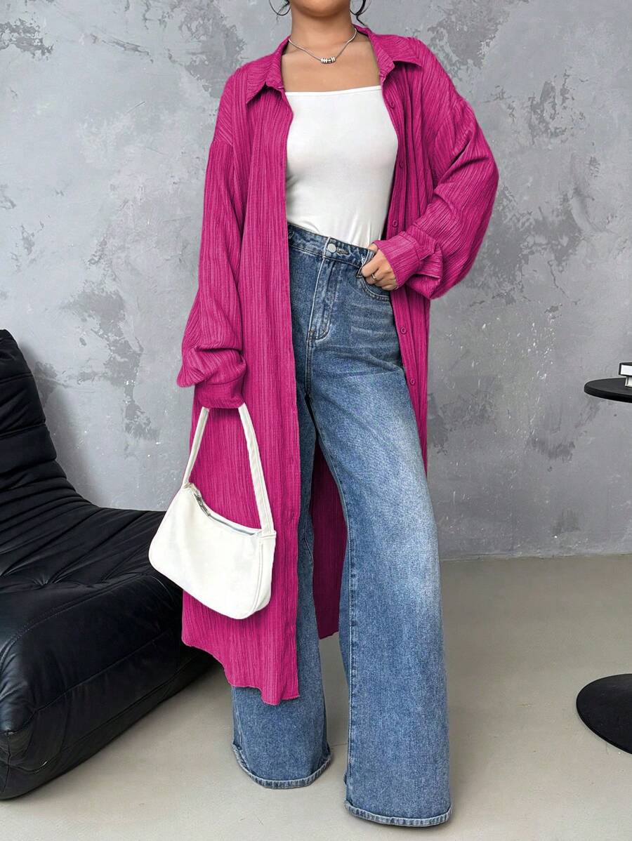 SHEIN LUNE Áo sơ mi vải dài họa tiết thường ngày đi làm - Màu Hồng Tươi - Xem 1