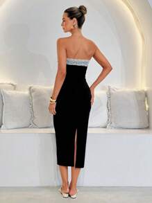 Lavishia Black & White Contrast Color Block Lace Trim Fitted Mid-Length Dress For Women, Elegant, Fashion, Romantic, Everyday Wear, Summer  Classy Outfits For Women  Elegant Dresses For Women Festival Outfits Concert Outfits For Women      Elegant Dresses For Women Outfits For Women Beach Outfits For Woman Beach Vacation Outfits  Summer Outfits For Women  Sexy Dresses For Women Cruise Outfits Women - Black and White - View 2