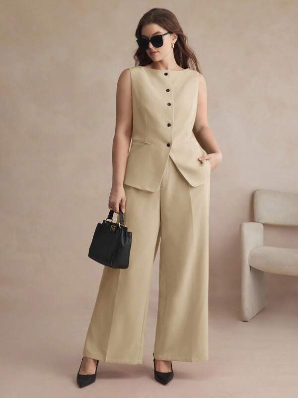 BizChic Plus Size Vest And Pants Suit Set, Sleeveless Solid Color, Fashion For Summer S For Women Womens S Dressy Jumpsuits For Women Jumpsuit For Women S For Women Womens S Romantic, Fashion, Versatile; Suitable For Summer Vacation, Comfortable, Bohemian Style, Beach Wear, Swimsuit Cover-Up, Stylish, Elegant, Casual, , Simple Daily Wear, Country Style, Essential, Solid Color, Holiday Casual, Decent, Single Lady, Ideal For Vacation Elegant Fashion Business Casual Woman Going Out Tops Graduation Outfit European Summer Hawaii Outfits Women Fall Women Clothes  Stockholm Style Elegant Jumpsuit Womens Elegant Jumpsuits Elegant Jumpsuits For Women Teacher Outfits For Women