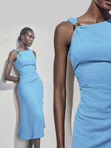 Lumivelle Summer Metal Circle Decor Waist Ruched Sleeveless Dress - Dusty Blue - View 4