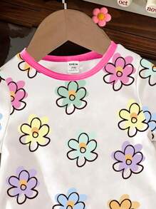 Baby Girl Floral Print Contrast Trim Round Neck Short Sleeve Top - Multicolor - View 4