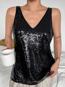 DAZY Shiny Sequin Lightweight Women's Pajama Top,New Year - Black - View 4