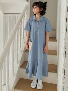 Dazy Kids Tween Girl Denim Dress, Short Sleeve, Turn-Down Collar, For Summer, Back To School Clothes