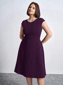 Chikora Plus Size Round Neck Short Sleeve Solid Color Simple Loose Elegant Dress,Office Outfits For Women - Purple - View 5