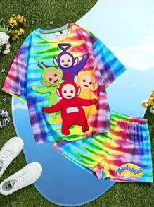Teletubbies X SHEIN Set estivo di maglietta e pantaloncini da donna, tie-dye colorato, motivo a cartone animato, multicolore, collezione Pride Month, set ampio, casual e fresco, TINKY WINKY, DIPSY, LAA-LAA, Po, adatto a tutto, per uso quotidiano, stile Y2K