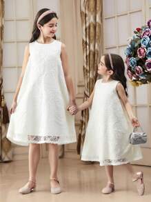 Tween Girl Textured Butterfly Pattern Crew Neck Sleeveless Fitted Casual Dress