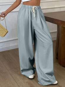 DAZY Solid Color Loose Straight Leg Pants With Elastic Waist And Drawstring, Casual Ladies Summer Long Trousers - Blue - View 5