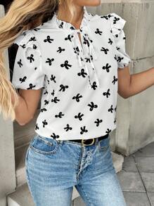 SHEIN Unity 女士荷叶边系领蝴蝶结印花泡泡袖短袖衬衫 - 黑與白 - 查看 5