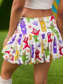 Teletubbies X SHEIN Falda corta blanca de verano para mujer, falda con flores, estampado de dibujos animados, lindo, estampado de flores, estilo graffiti, casual, colorido, TINKY WINKY, DIPSY, LAA-LAA, Po, para combinar con todo, diario, Y2K - Blanco - Ver 2