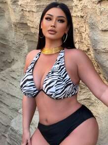 Swim SXY Plus Size Women's Sexy Halter Zebra Print Beach Bikini Top For Summer Beach Vacation