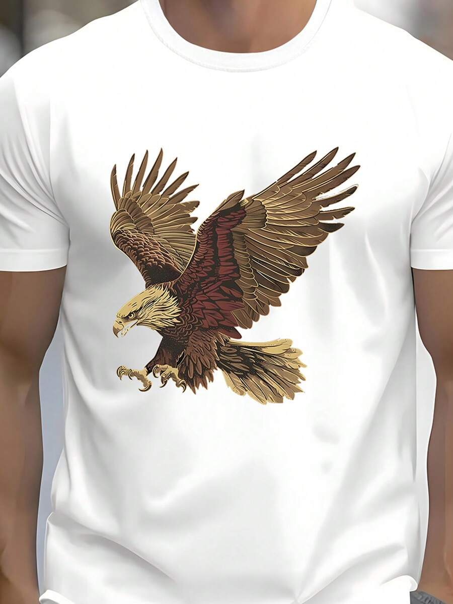 Manfinity LEGND Men's Eagle Print Round Neck Short Sleeve Casual Loose T-Shirt, Summer - White - View 1