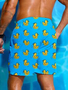 Manfinity Swimmode Men's Cartoon Duck Print Pocket Drawstring Waist Beach Shorts, Suitable For Summer Men Swim Trunks Casual Outdoor Beach Shorts - Blue - View 2