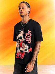 Astro Boy X SHEIN Men's Cartoon Print Round Neck Short Sleeve T-Shirt, Summer - Black - View 4