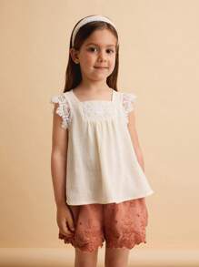 Ontre 年轻女孩休闲刺绣荷叶边短裤 - 卡其色 - 查看 5