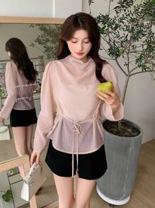 DAZY Blusa casual de cuello cisne de manga larga y peso ligero para mujer
